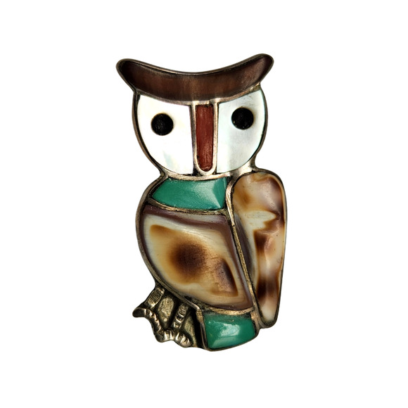 Vintage Zuni Sterling Inlay Owl Pin/Pendant/Brooch Southwest/Native American - Picture 1 of 8